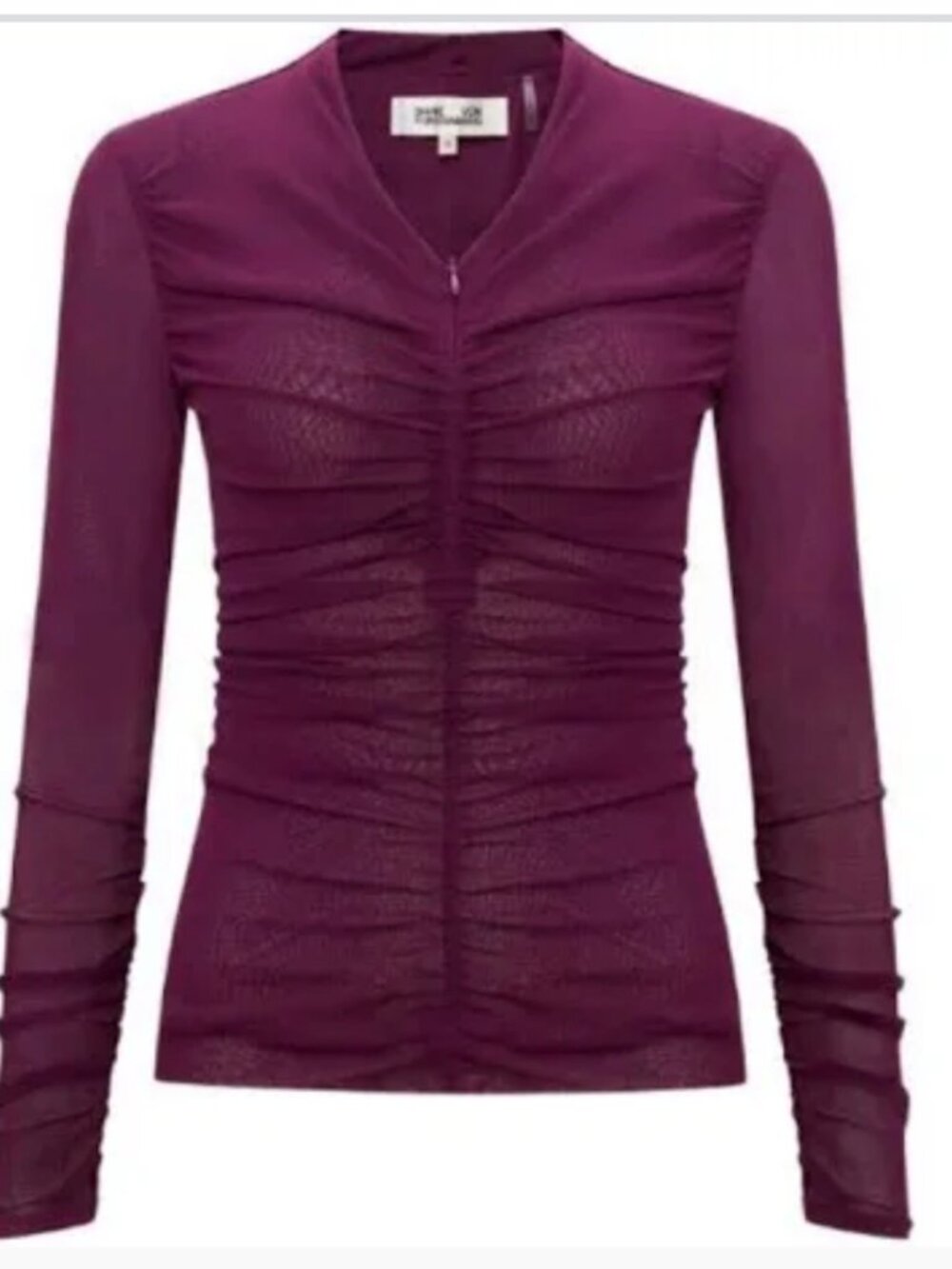 NWT! DIANE VON FURSTENBERG Julie Top Plum Ruched Mesh Long Sleeve Women's Size S